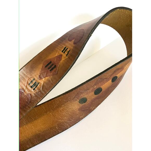 Vintage Tooled Leather Belt Painted Native Geometric Symbol Western Brass Buckle main image 6